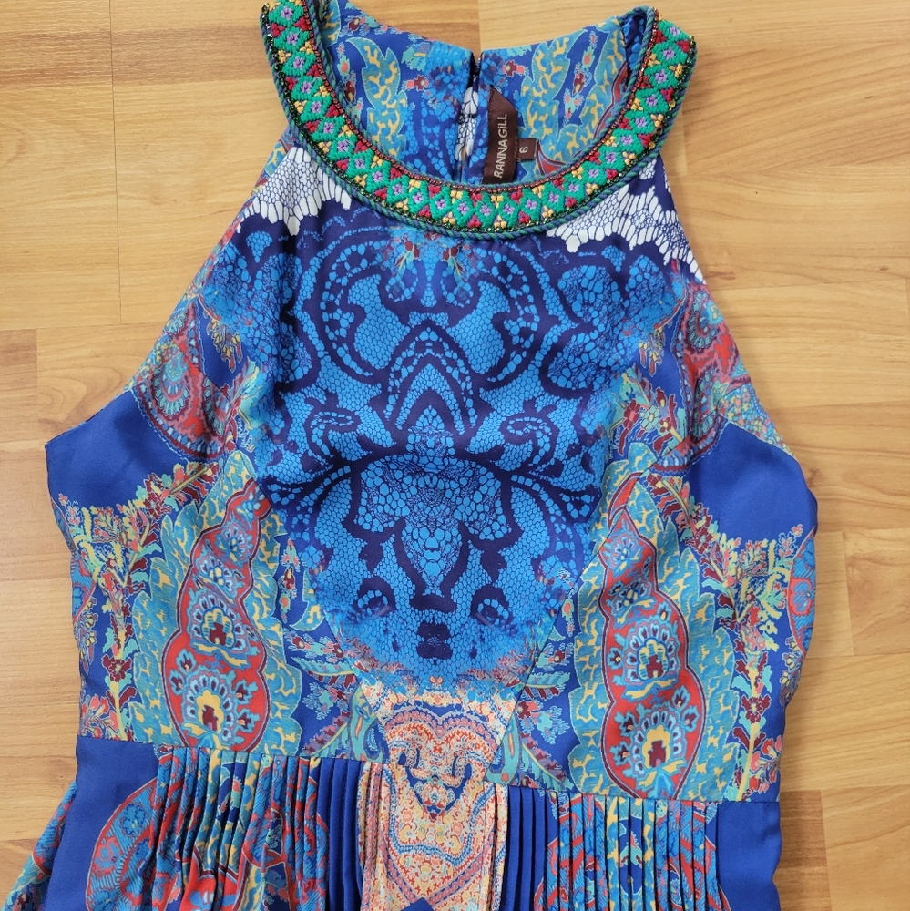 Ranna Gill Boteh Maxi Dress 6 Pleated Embroidered Rhinestone Multicolor - Picture 3 of 13
